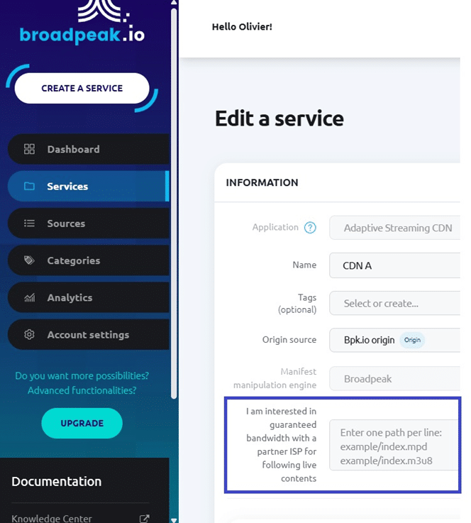 Screenshot of the broadpeak.io interface showing the creation and configuration of a CDN as a Service, including service settings, origin configuration, and guaranteed bandwidth options.