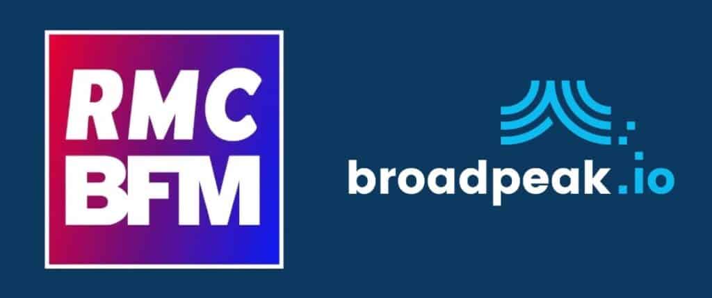Logos of RMC BFM and broadpeak.io displayed side by side on a dark blue background. The RMC BFM logo appears in a pink-to-purple gradient square with bold white lettering, while the broadpeak.io logo features a stylized turquoise wave icon above the company name in white and light blue