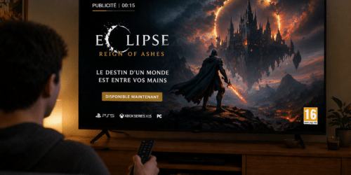 A person sits in a cozy living room holding a remote control, watching a large flat-screen TV displaying a cinematic advertisement for a fictional fantasy video game titled “Eclipse: Reign of Ashes,” featuring a lone warrior facing a dark floating castle under a dramatic sky.