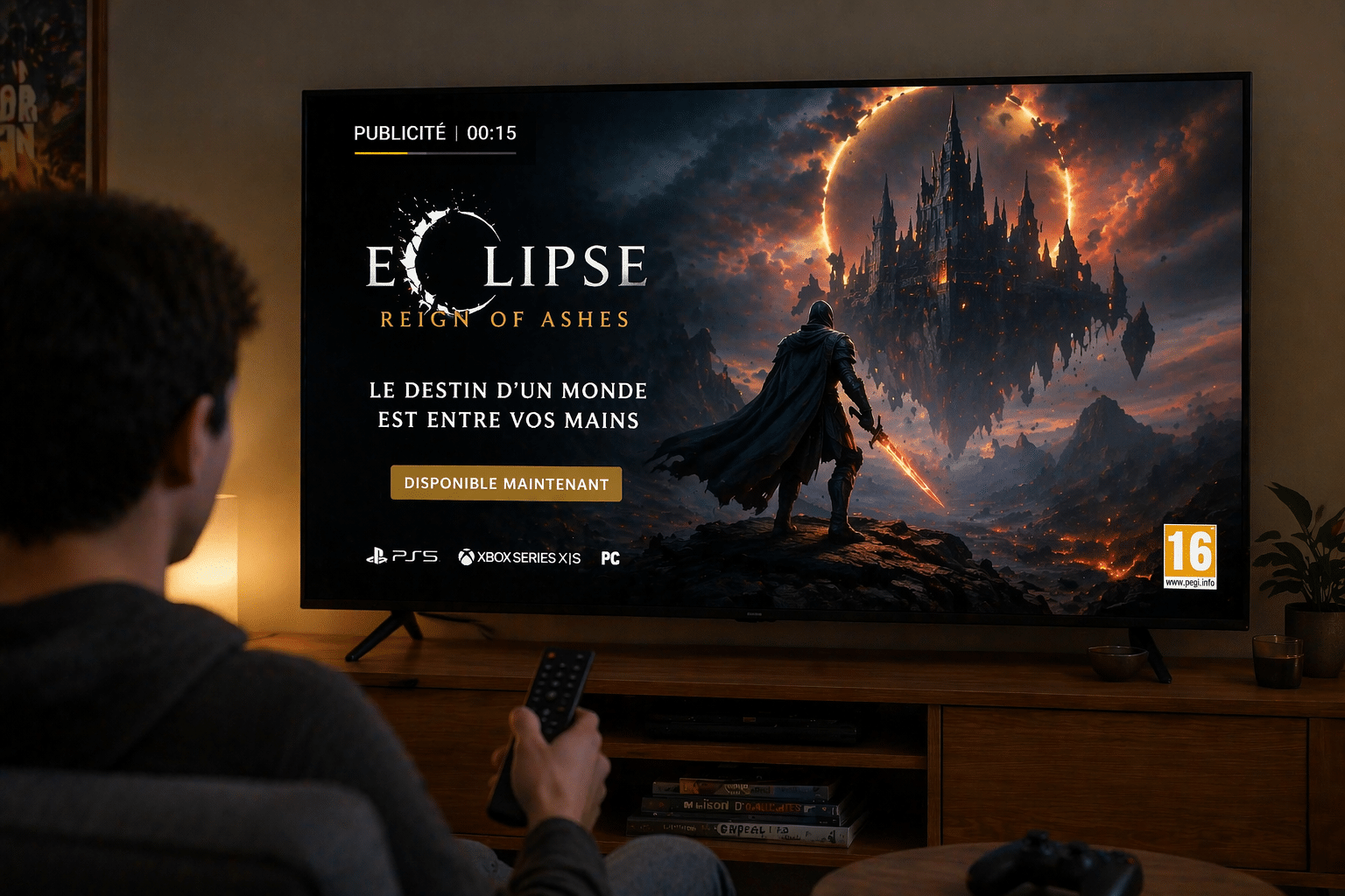 A person sits in a cozy living room holding a remote control, watching a large flat-screen TV displaying a cinematic advertisement for a fictional fantasy video game titled “Eclipse: Reign of Ashes,” featuring a lone warrior facing a dark floating castle under a dramatic sky.