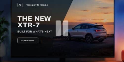 Pause Ad illustration. A modern flat-screen TV in a dimly lit living room displays a paused advertisement featuring a sleek SUV at sunset, with overlay text “The New XTR-7,” a “Learn More” button, and a visible pause icon indicating viewer-initiated ad playback.