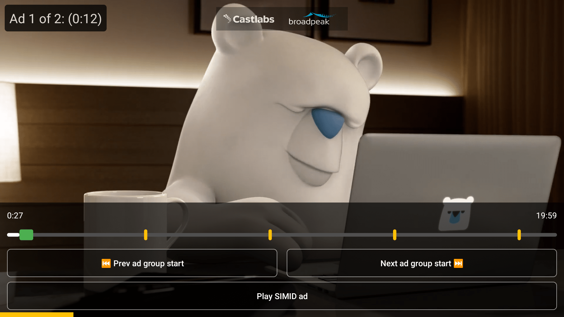 Example of a server‑guided ad insertion (SGAI) video player interface by Castlabs and Broadpeak during ad playback. The image shows an animated character watching content on a laptop while an ad countdown (“Ad 1 of 2 – 0:12”) and playback controls are displayed. The player timeline highlights ad break markers and just‑in‑time ad resolution options, including navigation to previous or next ad group and a SIMID interactive ad control.