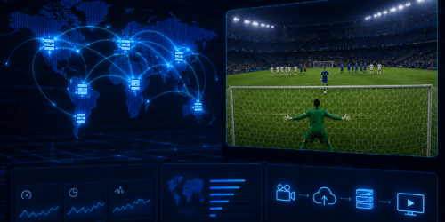 Futuristic high-tech dashboard visualizing global video content delivery infrastructure. A glowing world map connected by digital network paths appears beside a large live soccer broadcast showing a penalty shootout in a packed stadium. Below, sleek analytics panels and streaming pipeline icons illustrate data flow, video distribution, and real-time performance monitoring in a dark blue cyber-inspired environment