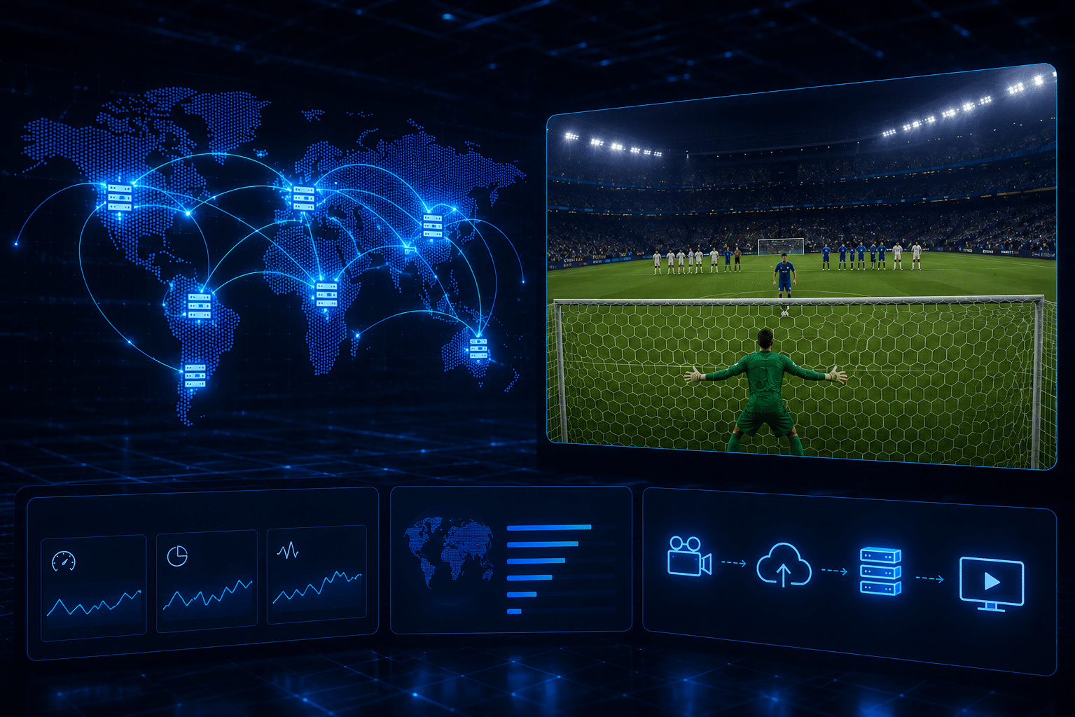 Futuristic high-tech dashboard visualizing global video content delivery infrastructure. A glowing world map connected by digital network paths appears beside a large live soccer broadcast showing a penalty shootout in a packed stadium. Below, sleek analytics panels and streaming pipeline icons illustrate data flow, video distribution, and real-time performance monitoring in a dark blue cyber-inspired environment