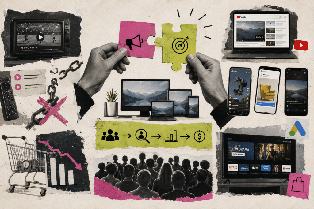 Editorial-style mixed-media collage illustrating the convergence of streaming and digital advertising, featuring connected TV, mobile devices, online video, advertising icons, audiences, and cross-platform media experiences.