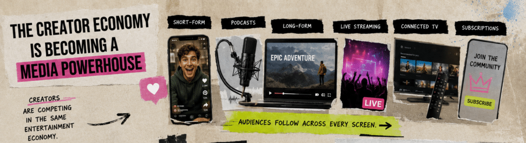 Editorial-style collage illustrating the evolution of the creator economy, featuring a content creator alongside podcasts, live streaming, connected TV, subscription platforms, and mobile video, showing audiences following creators across multiple screens.