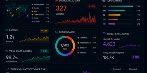 Futuristic dark-mode monitoring dashboard illustrating real-time streaming anti-piracy operations for video delivery platforms. The interface displays global traffic analytics, suspicious streaming activity detection, latency monitoring, QoE metrics, and video-layer protection workflows with neon blue, purple, orange, and green data visualizations on a cyber-inspired UI.