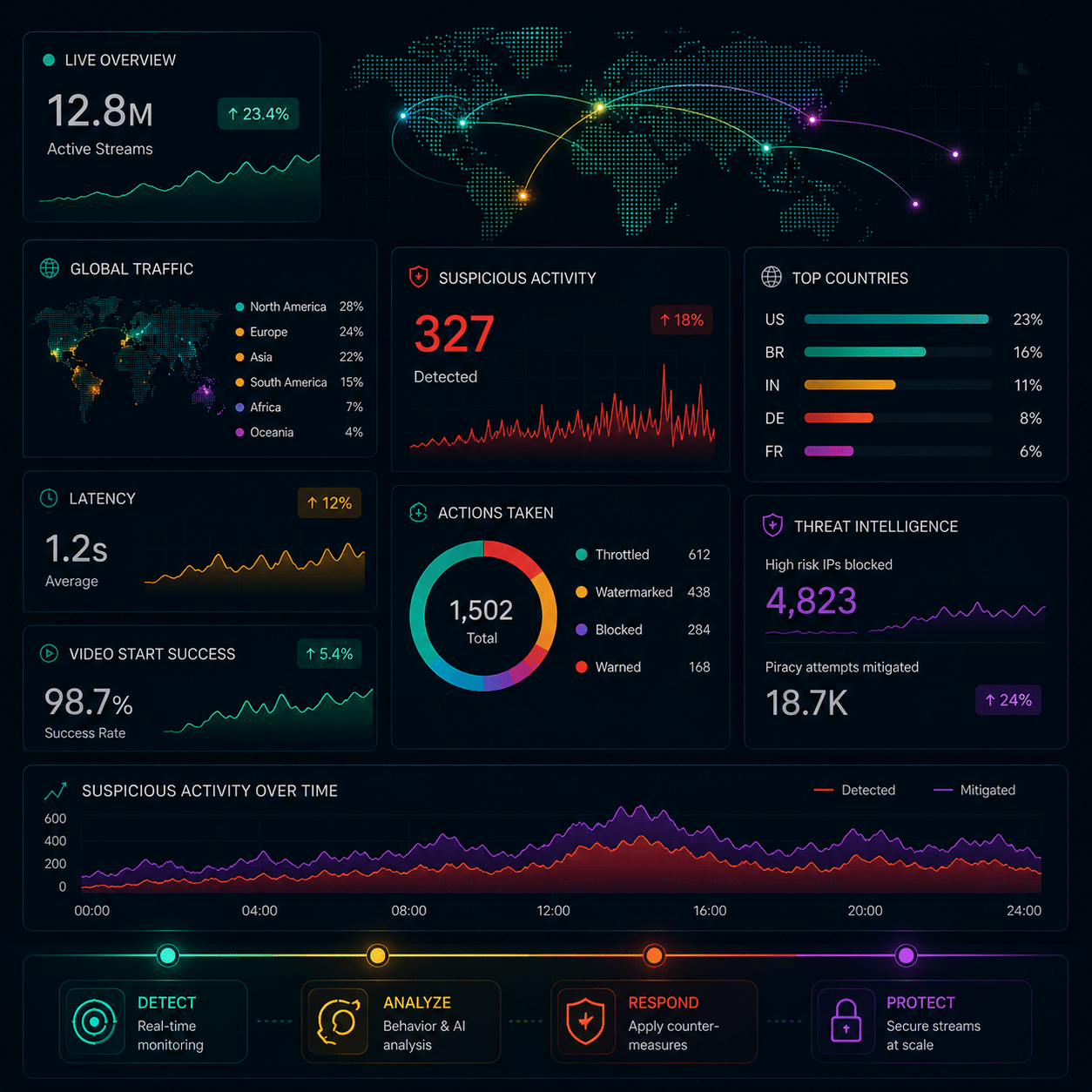 Futuristic dark-mode monitoring dashboard illustrating real-time streaming anti-piracy operations for video delivery platforms. The interface displays global traffic analytics, suspicious streaming activity detection, latency monitoring, QoE metrics, and video-layer protection workflows with neon blue, purple, orange, and green data visualizations on a cyber-inspired UI.
