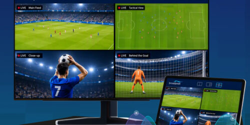 broadpeak.io Multiview as a Service displaying multiple live sports feeds and camera angles on TV and tablet screens.