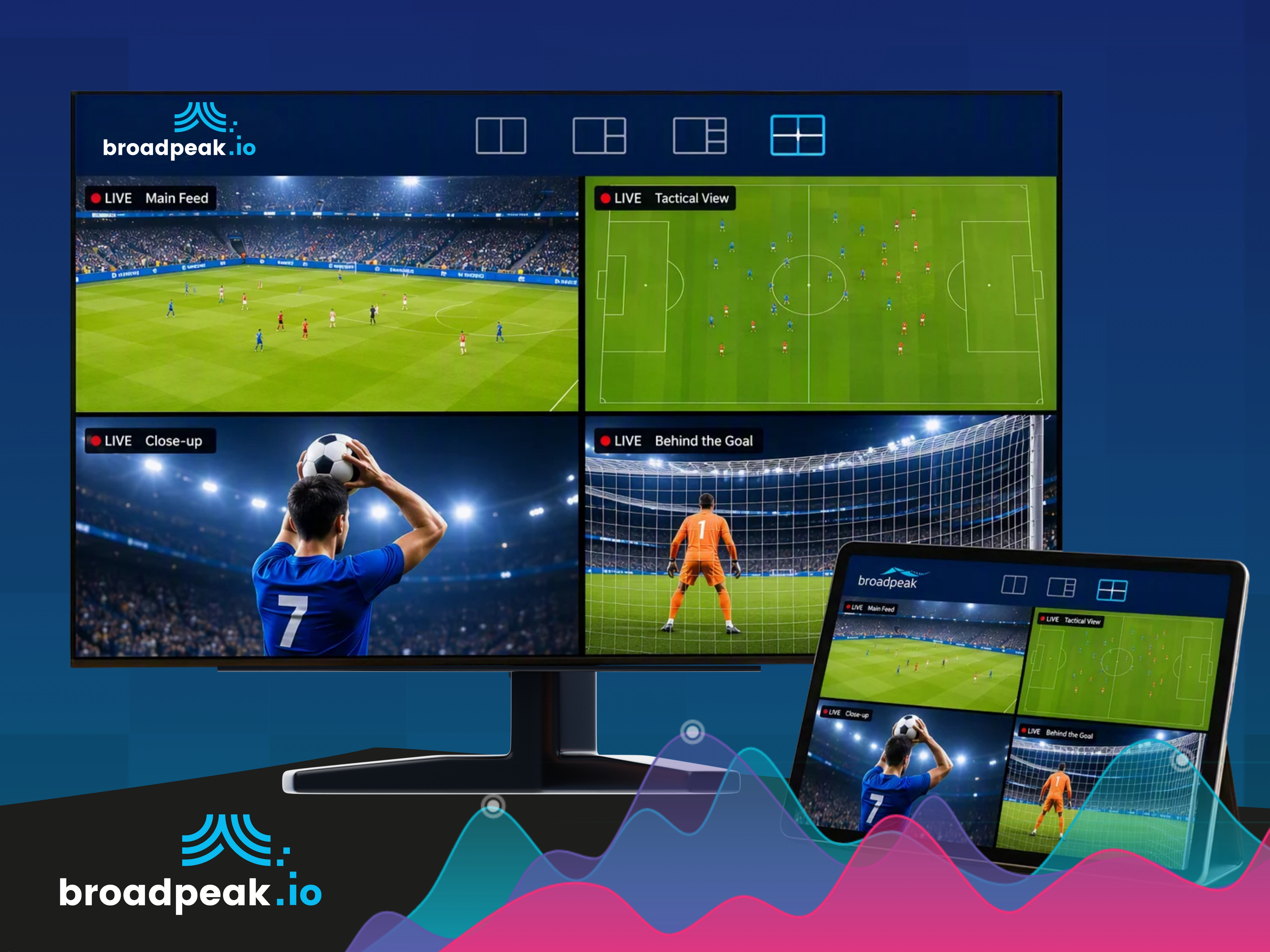 broadpeak.io Multiview as a Service displaying multiple live sports feeds and camera angles on TV and tablet screens.