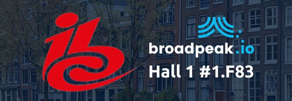 Promotional banner for broadpeak.io at IBC, featuring a large red "i3" logo on the left and the broadpeak.io logo on the right, with the text "Hall 1 #1.F83" in white over a darkened background of Amsterdam canal houses.